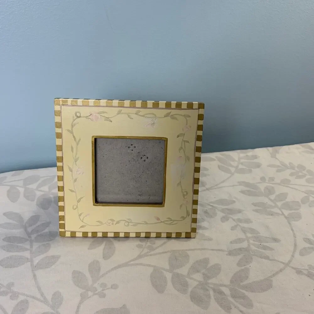 Hand Painted Floral Wood Picture Frame Cream Gold Pink flowers Cottage 3.5 x 3.5